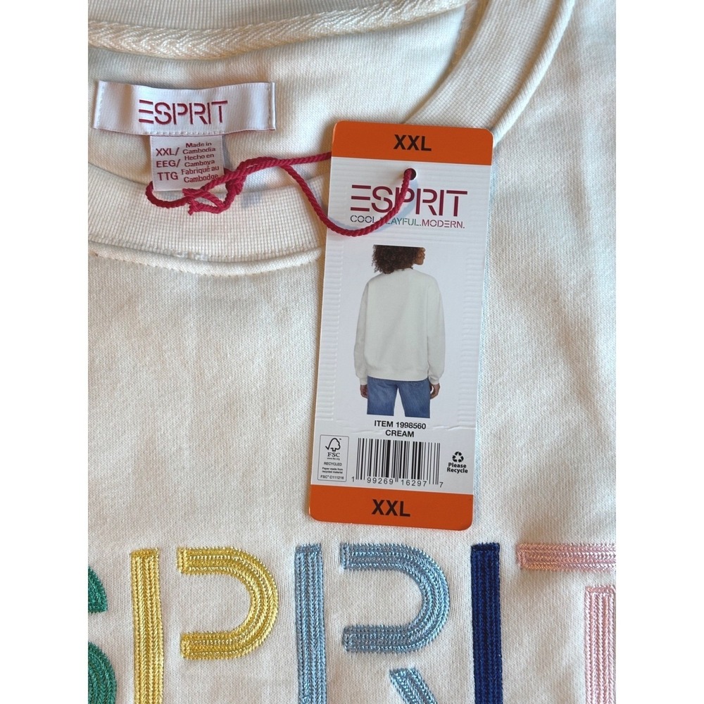 Esprit Size XXL Sweatshirt Women Cream Rainbow Logo Crewneck retro 80s 90s - Picture 5 of 6